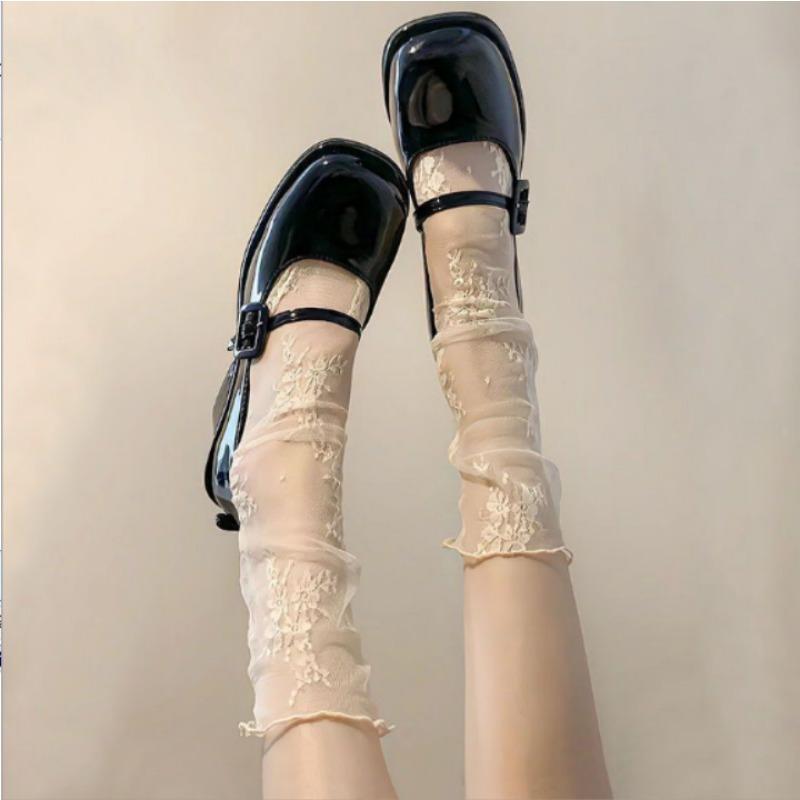 Женские весенне-летние тонкие носки-гольфы из дышащей сетки с цветочным полым кружевом