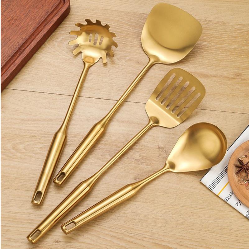 1Pc Golden Stainless Steel Long Handle Cooking Utensils Rice Spoon Soup Ladle Pancake Spatula Colander Gadgets for Kitchen