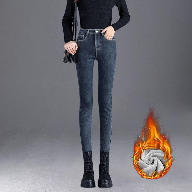 Женские флисовые джинсы с высокой талией: Узкие, плотные и универсальные брюки-карандаш для активного отдыха на зиму 2021 года