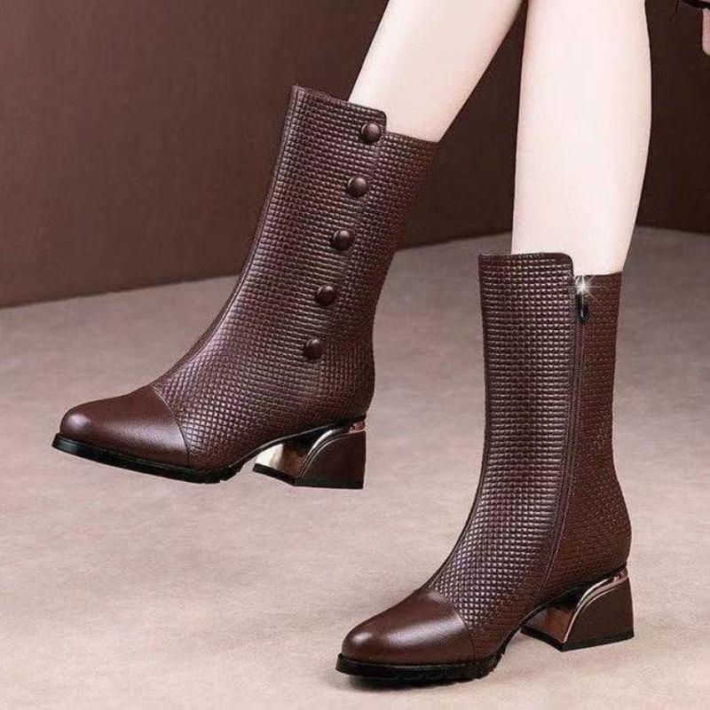 Мягкие кожаные ботинки Мартин для женской зимы, новые модные ботинки средней длины на высоком каблуке, теплые бархатные хлопковые ботинки из мягкой кожи для женщин