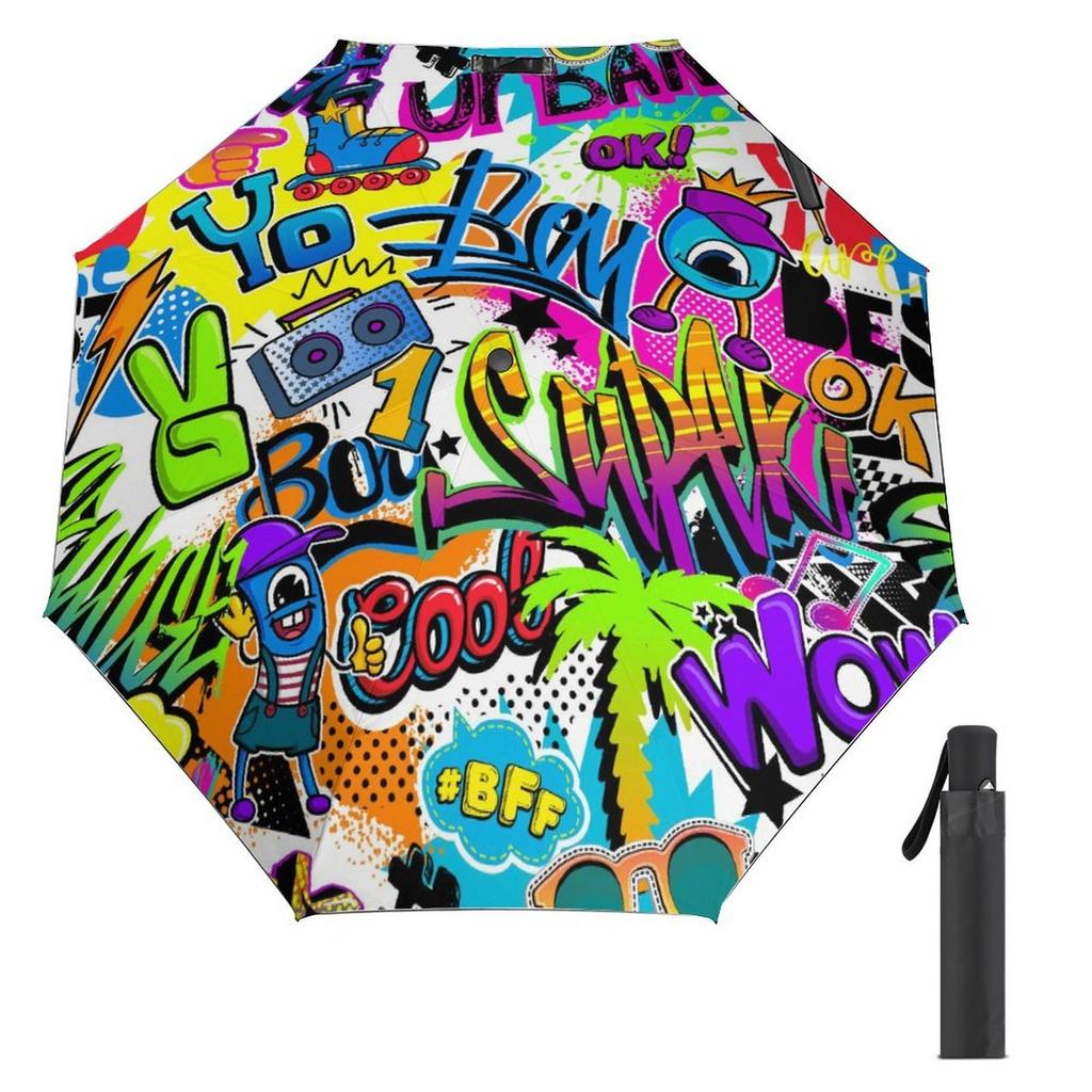 1 Pack Automatic Umbrella With Waterproof Black Coating And Wind Resistant Frame For Travel With Graffiti Inspired Tone