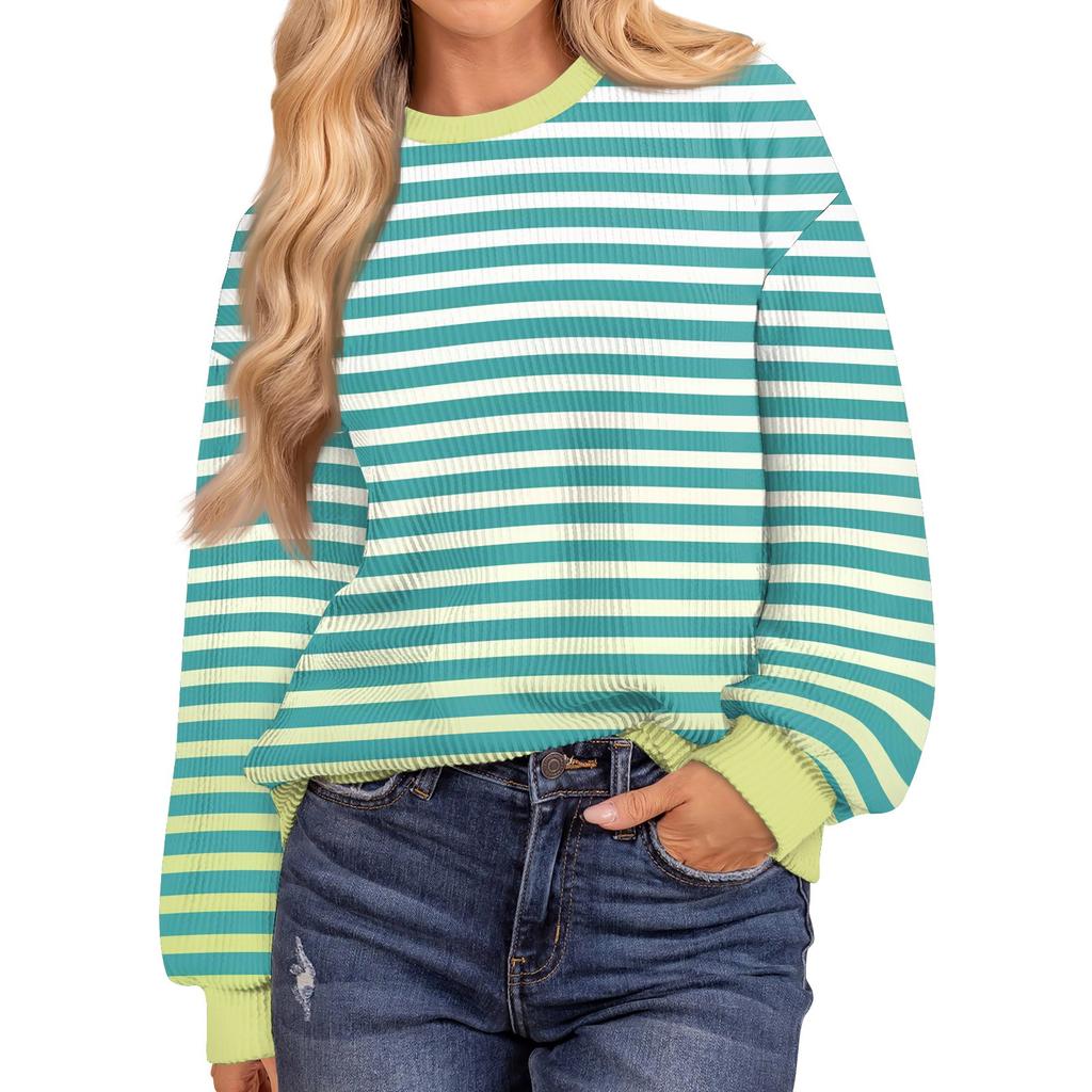 Женские повседневные свободные туники, топы с круглым вырезом, трикотажные ребристые рубашки с принтом, длинный рукав, пуловер, топ