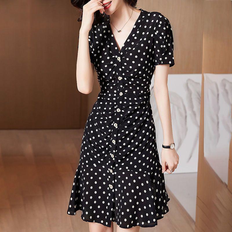 Summer New Hepburn Style Lotus Leaf Edge Skirt Women's Loose Temperament V-neck Fashionable Polka Dot Dress