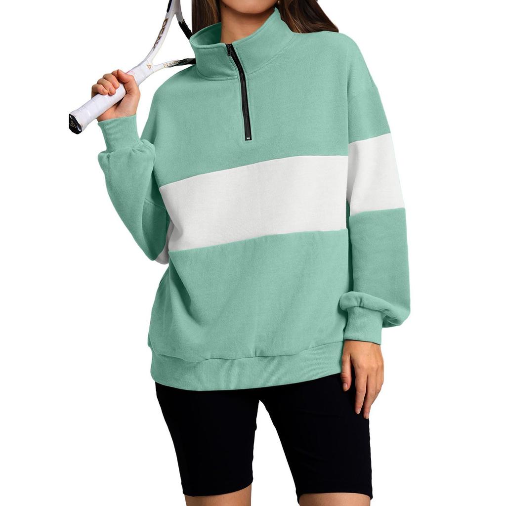Women's Casual Loose Long Sleeved Patchwork Zipper Sweatshirt Top Loose Striped Sweatshirt
