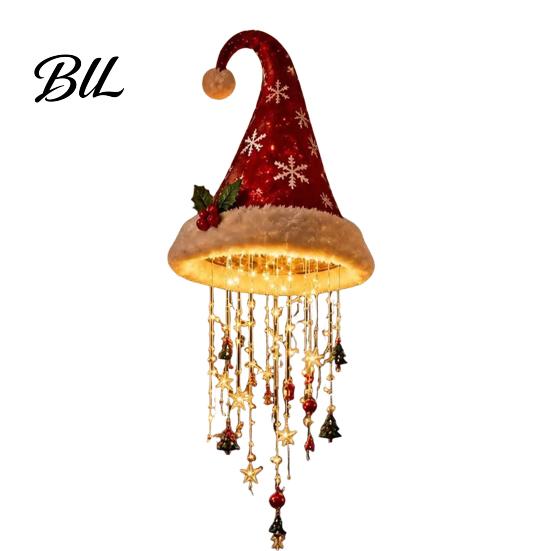 DIY Christmas Ceiling Pendant Light?Up Santa Hat Hanging Chandelier Kit, Warm LED String Lights Outdoor Porch Holiday Decor with Star Tassel, Indoor