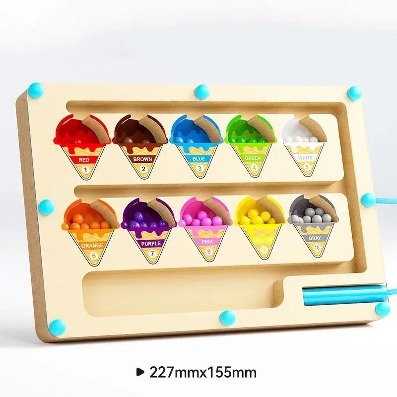Montessori Magnetic Color Sorting Games Maze Board Pen Moving Bead Games Wooden Control Sensory Play Educational Toys for Kids