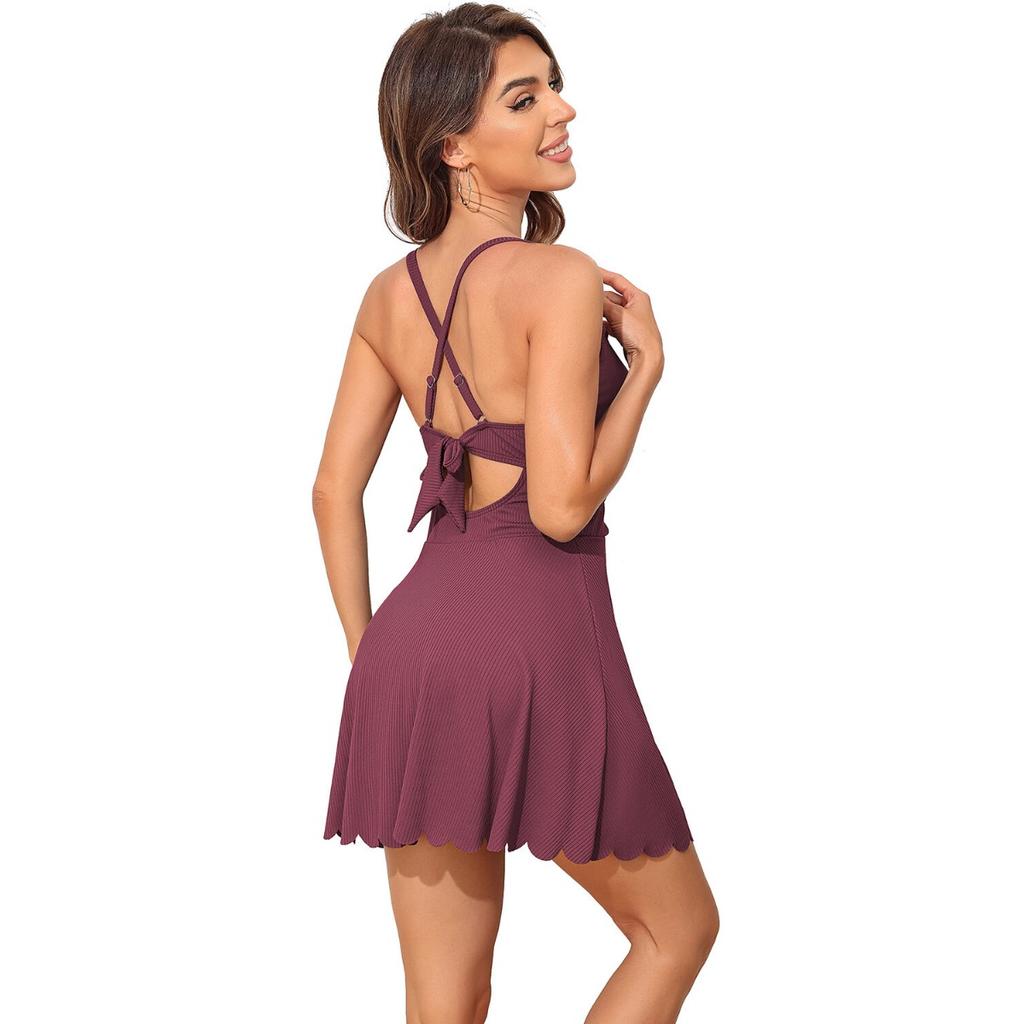 CHARMLEAKS Женский цельный купальник в рубчик, купальник с зубцами, купальник с V-образным вырезом и рюшами, купальный костюм с юбкой