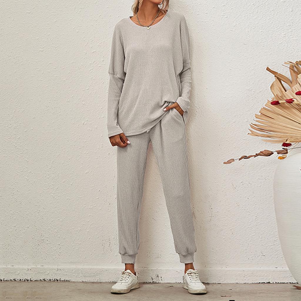 Women's 2 Piece Outfits Sets Ruched Long Sleeve Tops Wide Leg Pants Tracksuit Sets