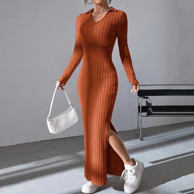 Женское платье весна-осень с V-образным вырезом, разрезом по низу, облегающим кроем, длинными рукавами, длиной до щиколотки, трикотажное эластичное платье макси для шопинга, свиданий, вечеринок