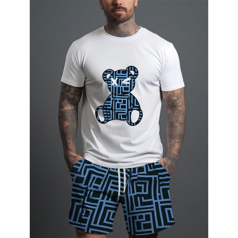 Комплект из 2 предметов: мужская футболка с коротким рукавом и шорты на шнурке с принтом мультяшного медведя, летний повседневный топ, мужские пляжные брюки для спорта на открытом воздухе