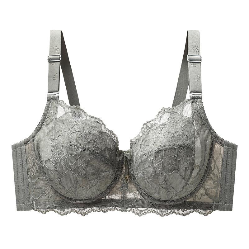 Ultra-thin Sexy Quick-drying Plus-size Bra with Exquisite Transparent Lace Trim and Widened Side Wings for Breast Control