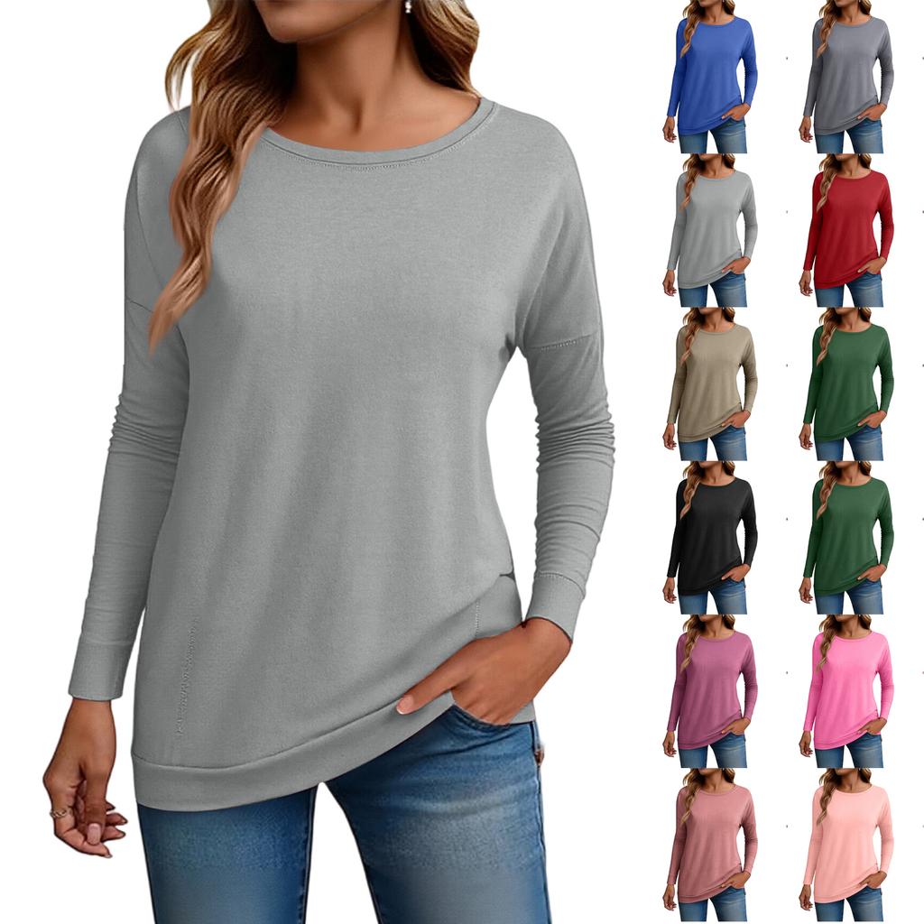 Women's Fashion Loose Round Neck Long Sleeve Solid Color T-shirt Top