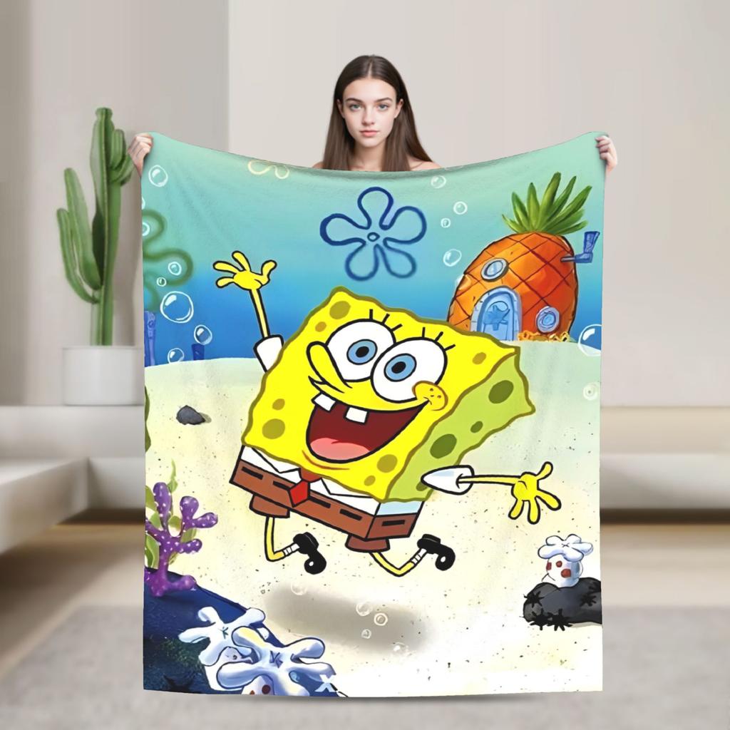 Cartoon Animated Blanket Cover SpongeBob SquarePants Fleece Throw Blankets Bedding Couch Portable Ultra-Soft Warm Bedspreads
