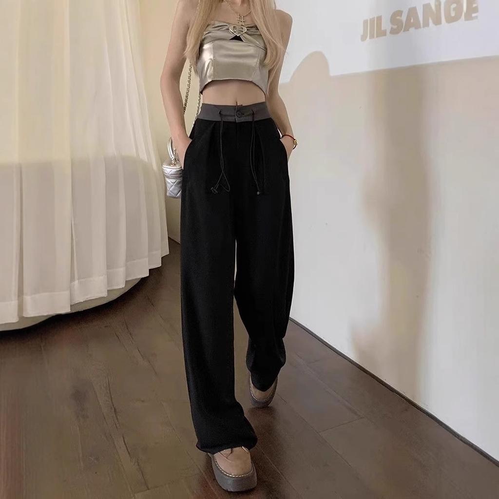 Серые брюки от костюма для женщин на лето Новые контрастные брюки с драпировкой на кулиске Свободные повседневные брюки с высокой талией и широкими штанинами