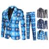2 Pcs/Set Jacket Pants Suit Cartoon Santa Snowflake Print Plaid Pattern Color Matching Lapel Long Sleeve Single Button Straight Leg Coat Trousers Set