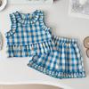 Комплекты детской одежды, топ без рукавов в синюю клетку с цветочным принтом + широкие брюки + шорты, комплект из 3 предметов, детская одежда для девочек