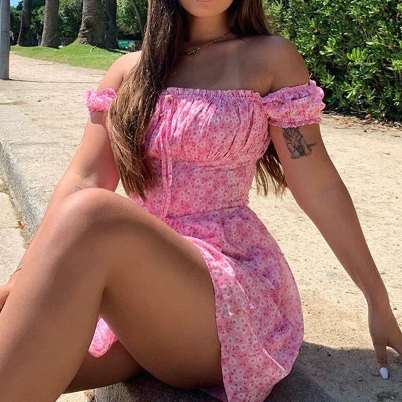 Короткое платье с открытыми плечами и цветочным принтом, женское сексуальное летнее милое платье с разрезом на шее и пышными рукавами, повседневное трапециевидное платье Vestido Mujer 25822
