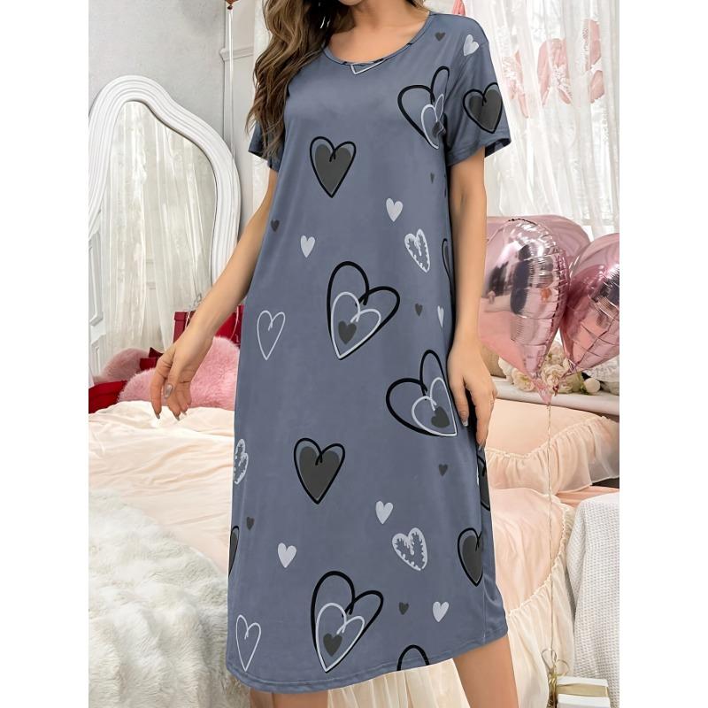 Большой размер, круглый вырез, короткий рукав, синий цвет с цветами абрикоса, домашняя одежда, ночная рубашка, платье, повседневный стиль, женская одежда с принтом