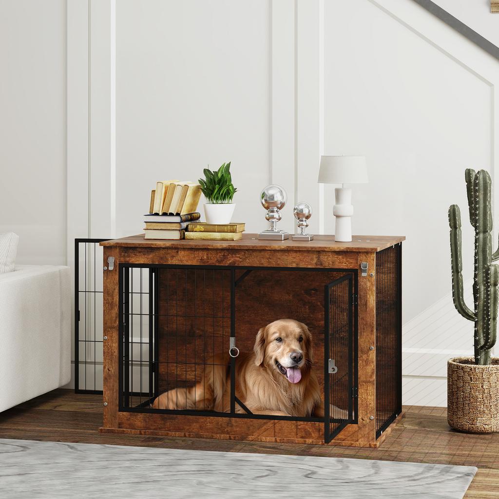 Dog Crate Furniture With Openable Top Two Doors For Large Dogs Rustic Brown