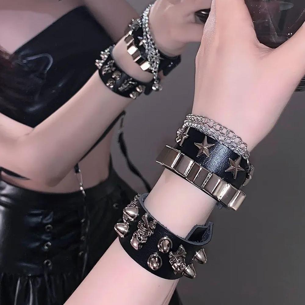 Wide PU Leather Skull Cone Spiked Bracelet, Gothic Punk Adjustable Snap Wrist Cuff Unisex Rock Wristband