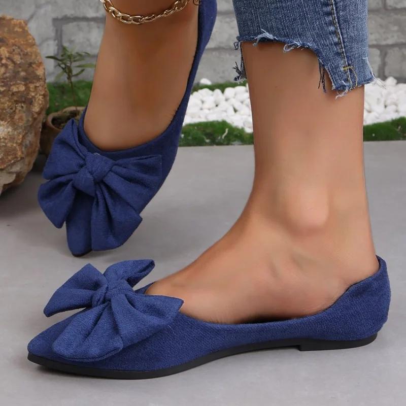Fashion Women Flats Bow Pointed Toe Shoes Female Suede Walking Dress Shoes 2024 Spring Fashion Casual Sandals Shallow Zapatillas Mujer