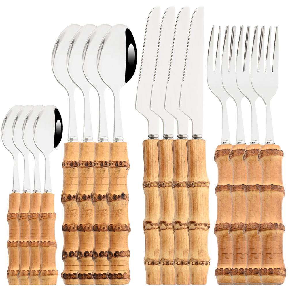 Jankng 16 шт., набор посуды из натурального бамбука, золота, роскошный западный набор посуды, кухонная вилка из нержавеющей стали, ложки, набор столовых приборов