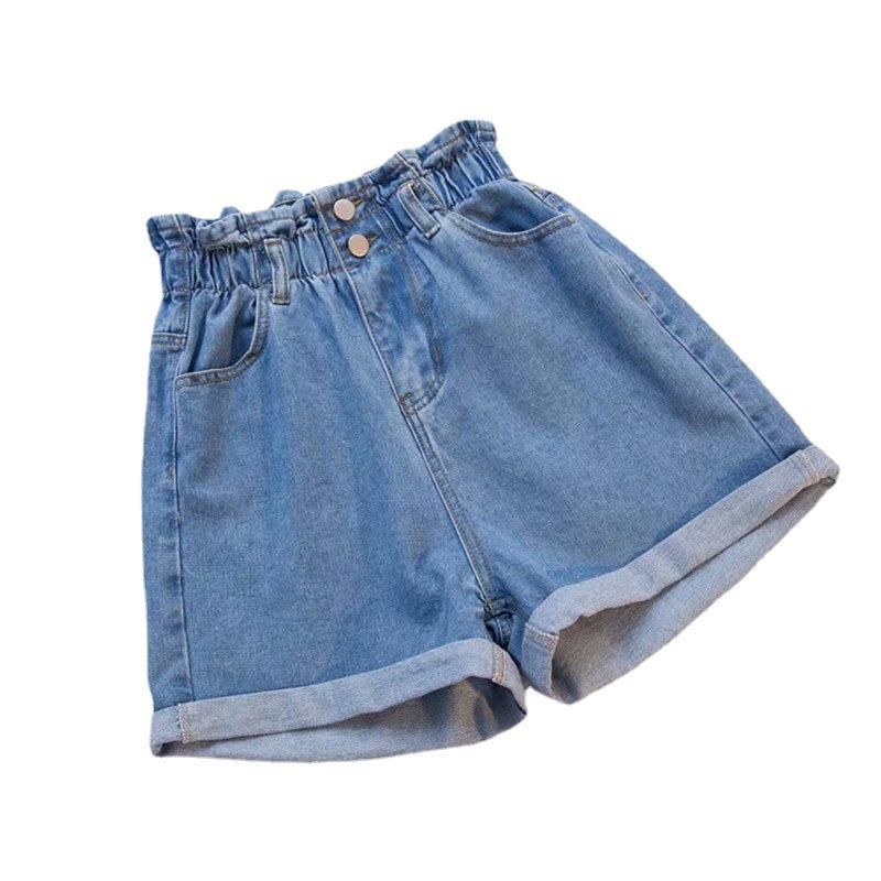 Women's A-line High Waist Denim Shorts - Summer Korean Style, Elastic Waist, Rolled Hem, Loose, Versatile, Slimming, Wide Leg.