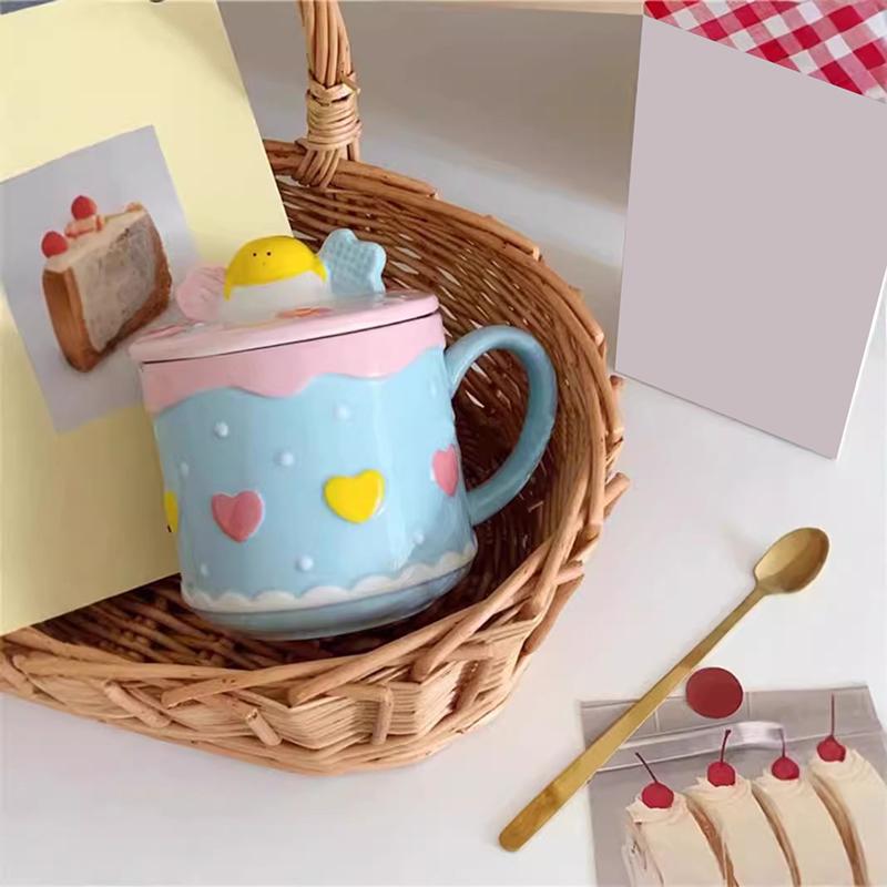 1Pcs 390Ml Ceramic Cup High Value Mug Strawberry Cake Cup Girls Cute Water Cup With Lid Home Milk Breakfast Cup