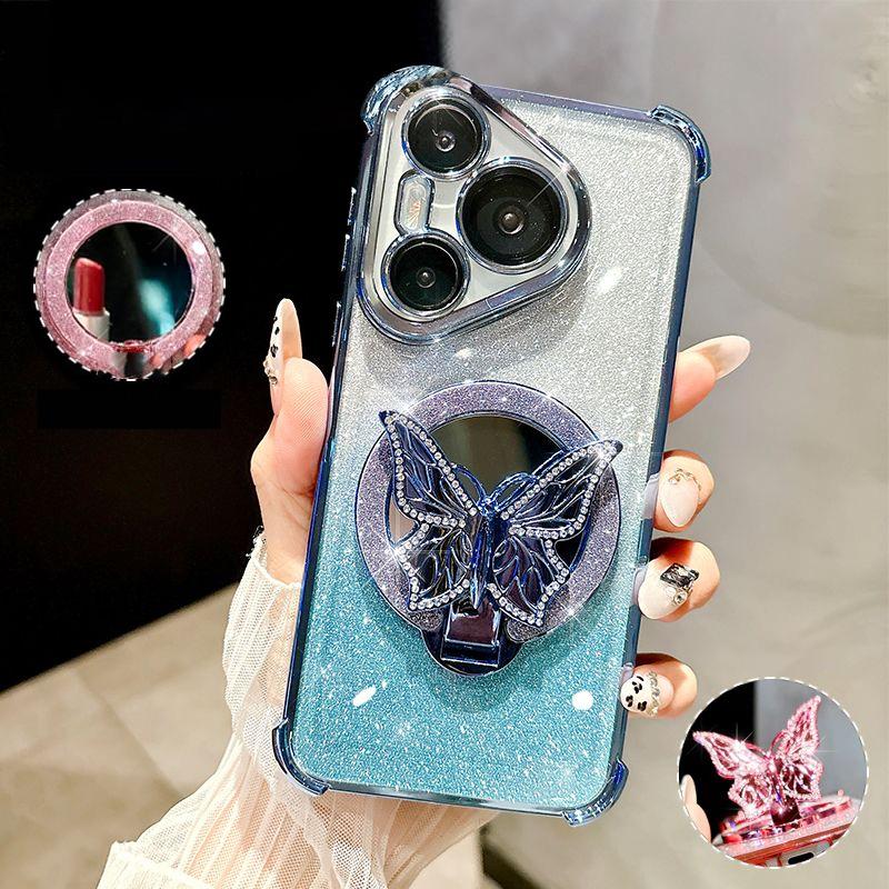 Butterfly Glitter Mirror Holder Phone Case For Samsung S25 S24 S23 S22 S21 S20 Plus FE Ultra Shockproof Soft Silicon Stand Cover