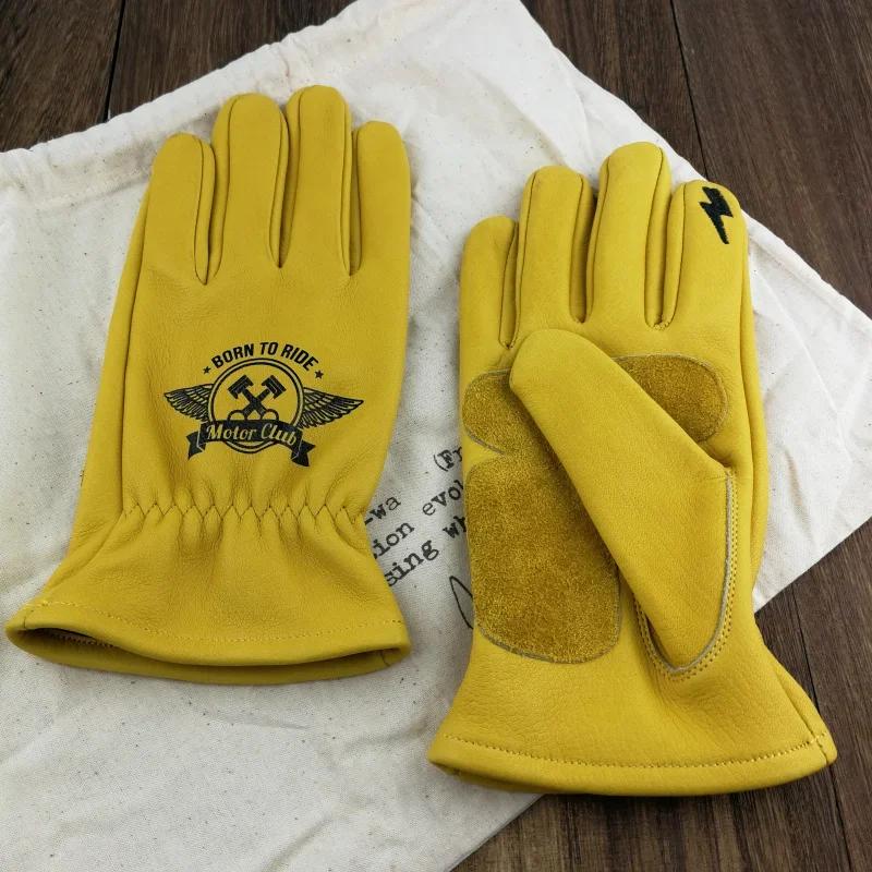 Unisex Motorcycle Rider Cowhide Gloves Classic Black & Yellow Vintage Leather Cycling & Outdoor Riding heavy Duty Work Luvas
