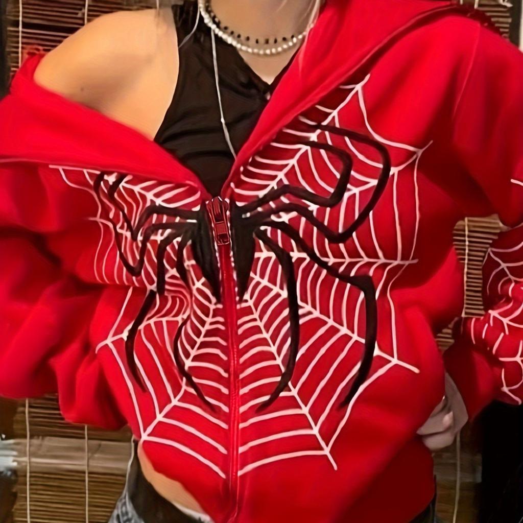 Y2K Fleece Hoodie for Women – Spider Web Print Loose Zipper Hooded Cardigan, Grunge Streetwear Oversized Sweatshirt less