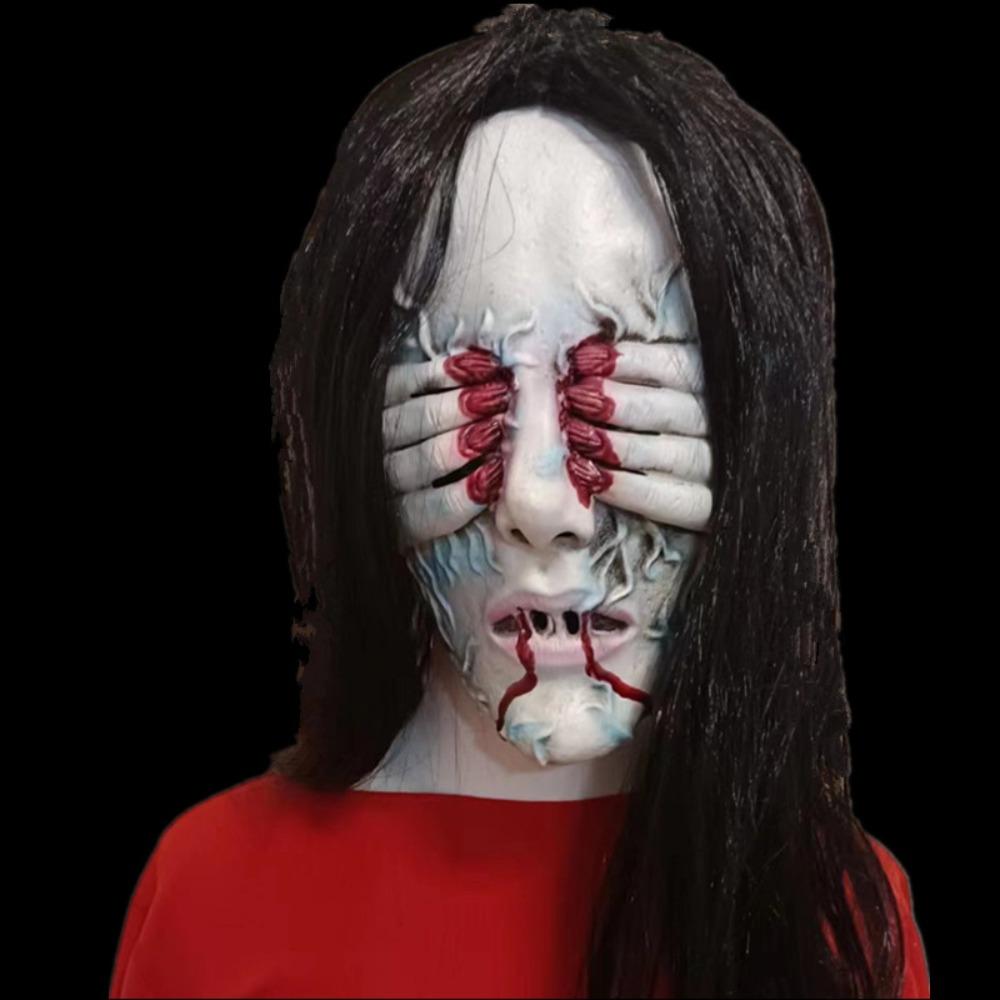 Страшная маска на Хэллоуин, маска на все лицо, жуткая маска призрака с повязкой на глаза, реалистичная креативная маска демона с длинными волосами
