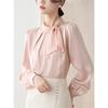 [TRENDOUX] blouse ladies long sleeve v neck race bow tie frills shirt tops shirt Plain color simple chiffon office formal blouse Fashionable