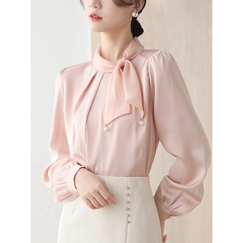 [TRENDOUX] blouse ladies long sleeve v neck race bow tie frills shirt tops shirt Plain color simple chiffon office formal blouse Fashionable