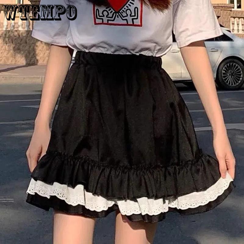 WTEMPO Готические кружевные мини-юбки с рюшами, женские летние Harajuku Fairy Grunge, черно-белая плиссированная юбка, уличная одежда в стиле японской Лолиты