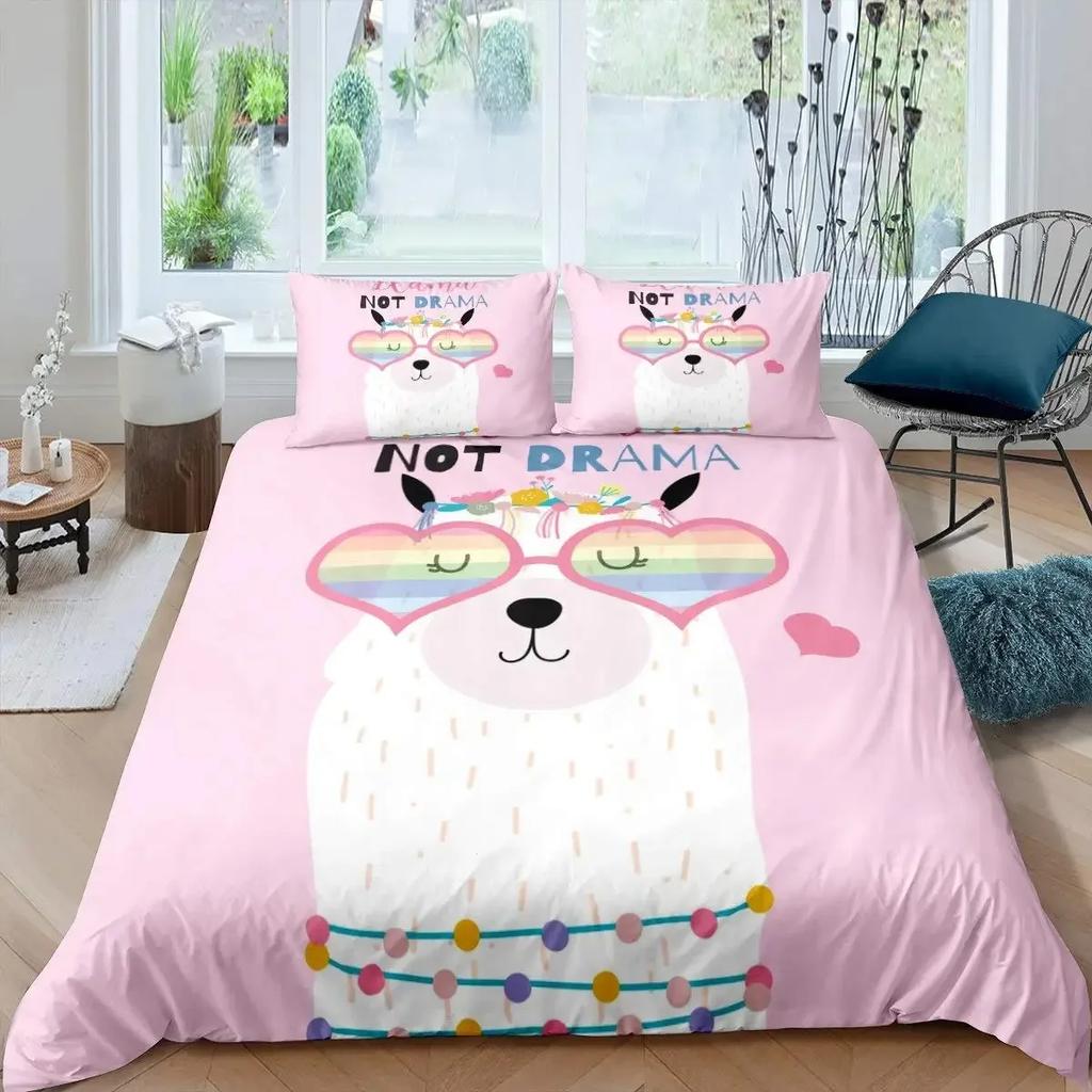 Cute Cartoon Alpaca Llama Cactus Print Duvet Cover Set Full Size, Alpaca Bedding Set Botanical Animal Comforter Cover,Multicolor