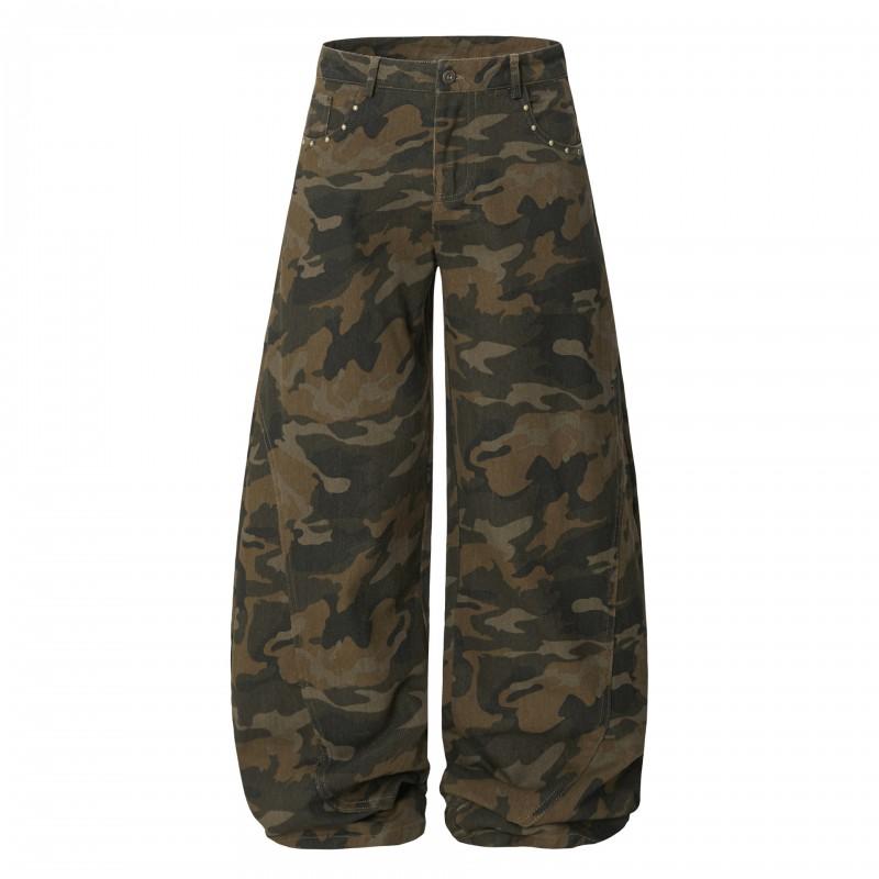 Unisex Camo Cargo Pants Loose Fit Streetwear Wide Leg Workwear Trousers Cotton Casual