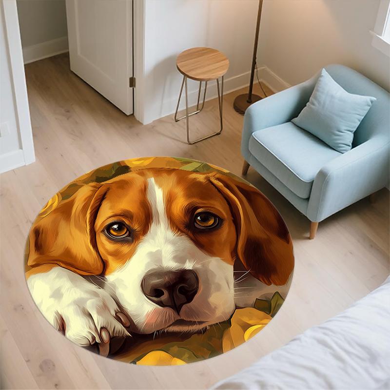 Beagle and flowers pattern round rug,Carpet Rug for Living Room Bedroom  Playroom ,Non-slip Floor Mat,Holiday Gifts and Birthday Gifts.