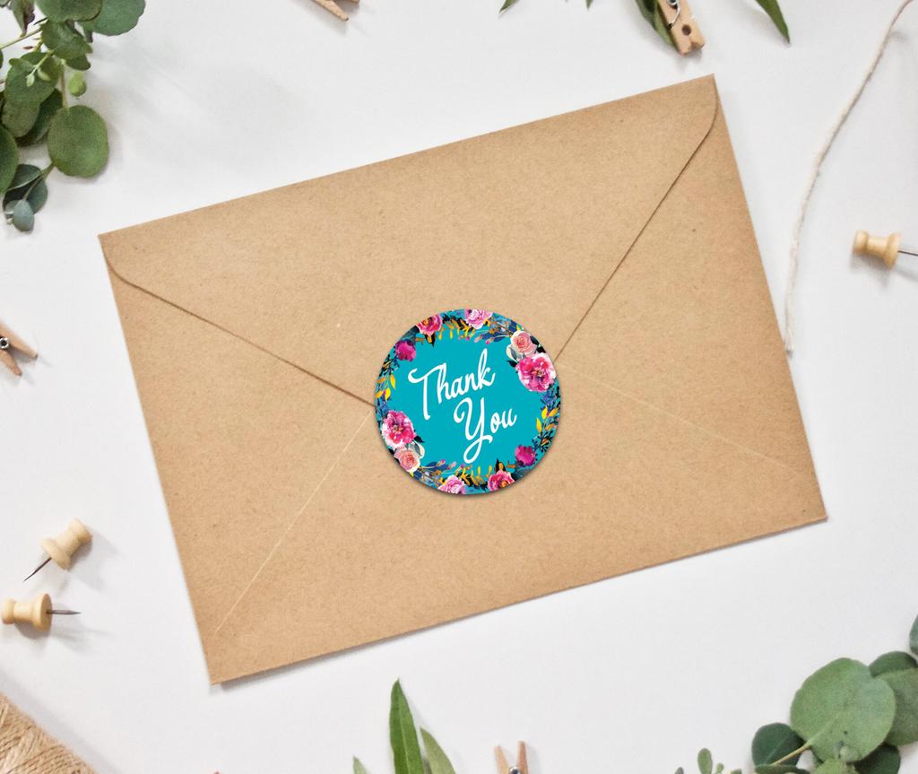 Darling Souvenir Round 45 Pcs Floral & Vines Border Black Thank You Stickers Envelope Seal-1.6