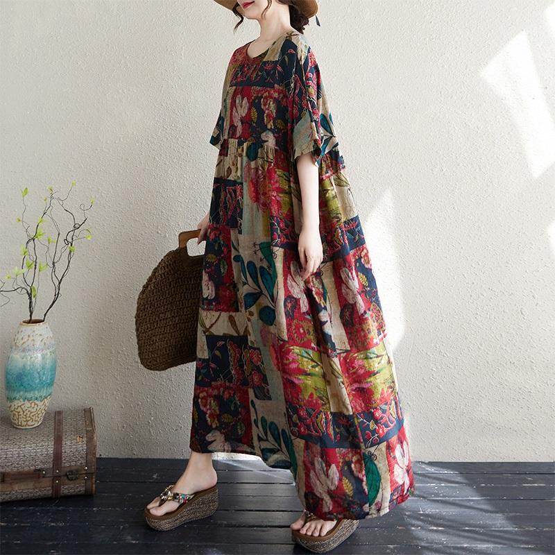 Новое хлопковое винтажное платье с цветочным принтом больших размеров с коротким рукавом для женщин, повседневное свободное длинное летнее платье