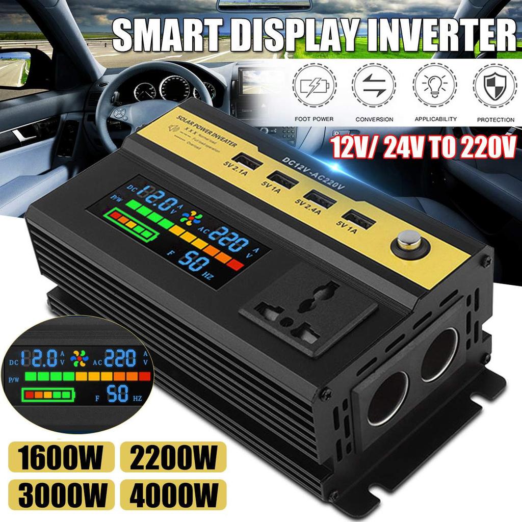 Pure Sine Wave Inverter 500W/1200W/1600W/2200W Car Inverter DC 12v/24v To AC 220V Voltage Transformer Power Converter Solar Inverter LCD Display 4 USB
