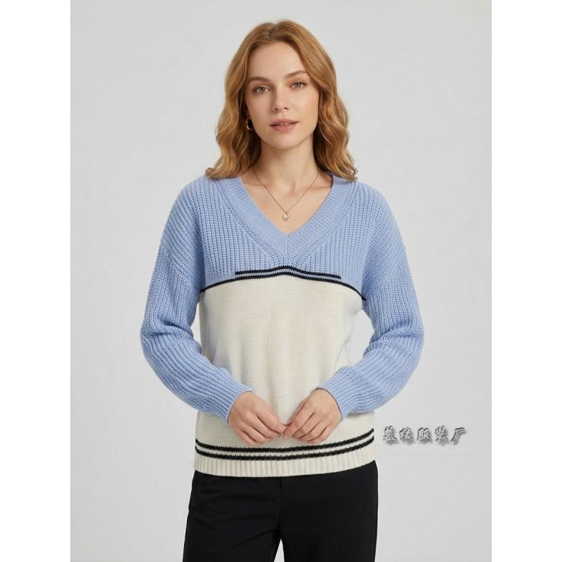 2026 Color Block V Neck Sweater Loose Fit Pullover Knit Top Women
