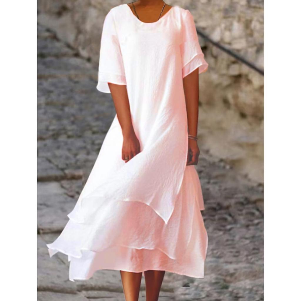 Plus Size Women's Bohemian Double Hem A-line Dress - Short Sleeved Round Neck Casual Vacation Dress, Beach Dress, Soft and Elegant Material