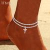 Сверкающий медный браслет на лодыжку с цепочкой для женщин, циркониевый сердечный крест, двухслойный браслет на ногу, модные летние пляжные украшения