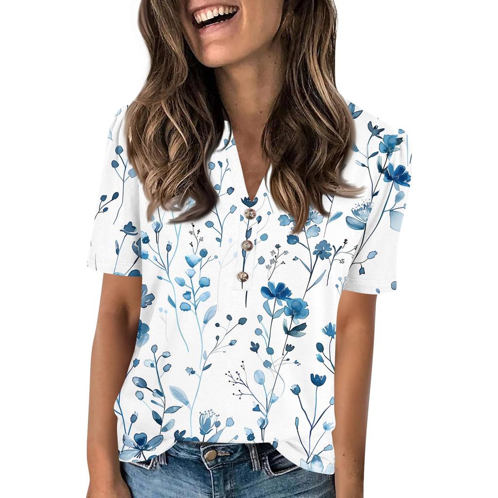 Женский модный повседневный свитер с коротким рукавом и принтом на пуговицах и V-образным вырезом