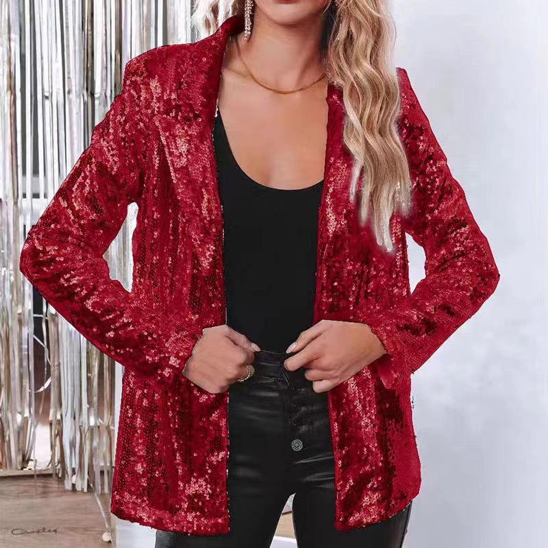 Women's Small Suit Commuter Style Cardigan Lapel Long Sleeve Sequins Casual Suit Jacket