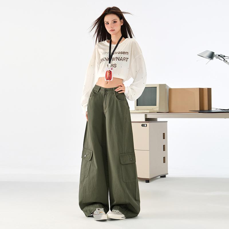 Army green American tooling casual pants women's 1116 autumn new high-waisted loose and thin scimitar wide-leg pants