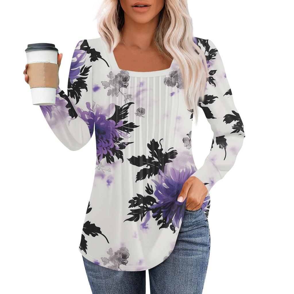 Long Sleeve Shirts For Women Tops Dressy Casual Blouses Pleated Square Scooped Neck Tunic Tops