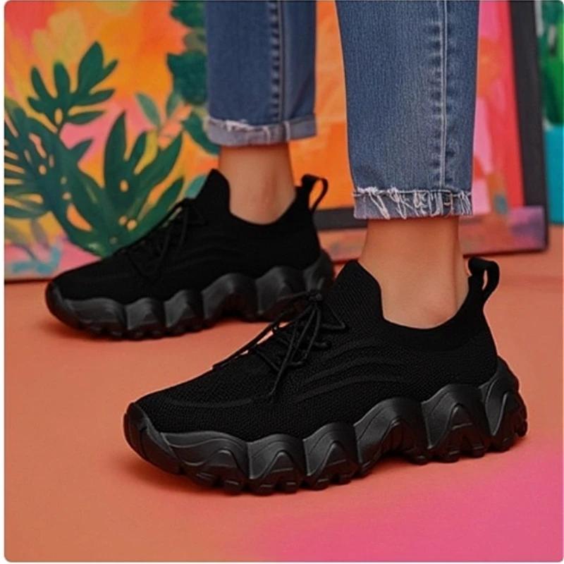 Женская вязаная обувь авангард Сетчатая обувь Эластичная Легкая Обувь на толстой подошве Амортизирующая Универсальная для повседневной носки Легкая обувь