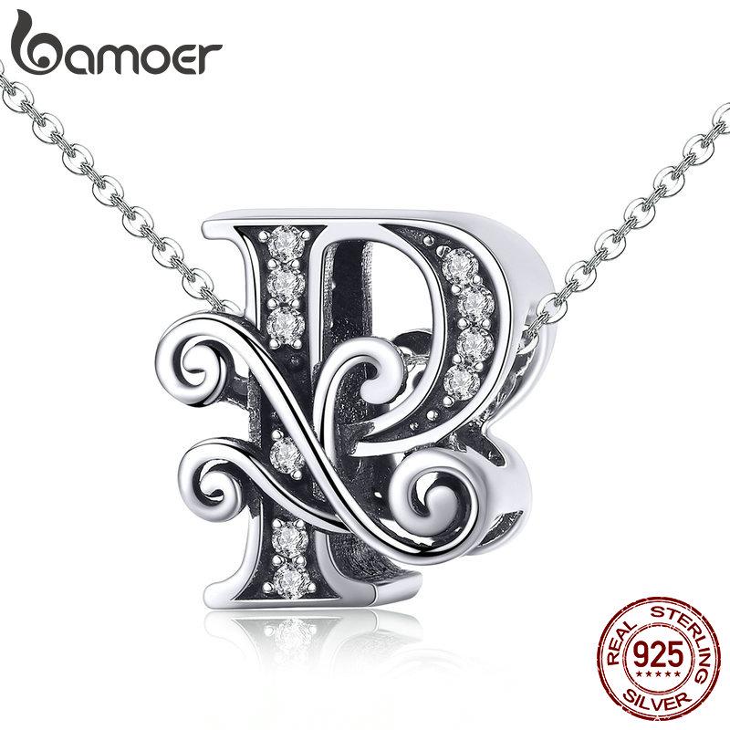 BAMOER Натуральное серебро 925 пробы Буква P Алфавитные бусины Подвески подходят для браслетов и браслетов DIY